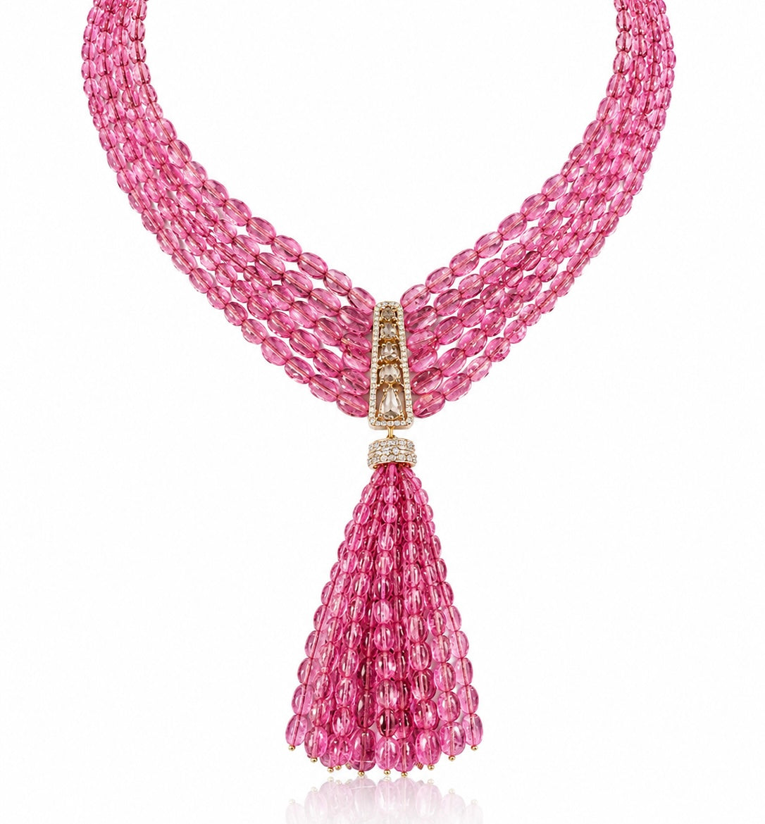 14K Gold Pink Tourmaline & Diamond Beaded Tassel Necklace