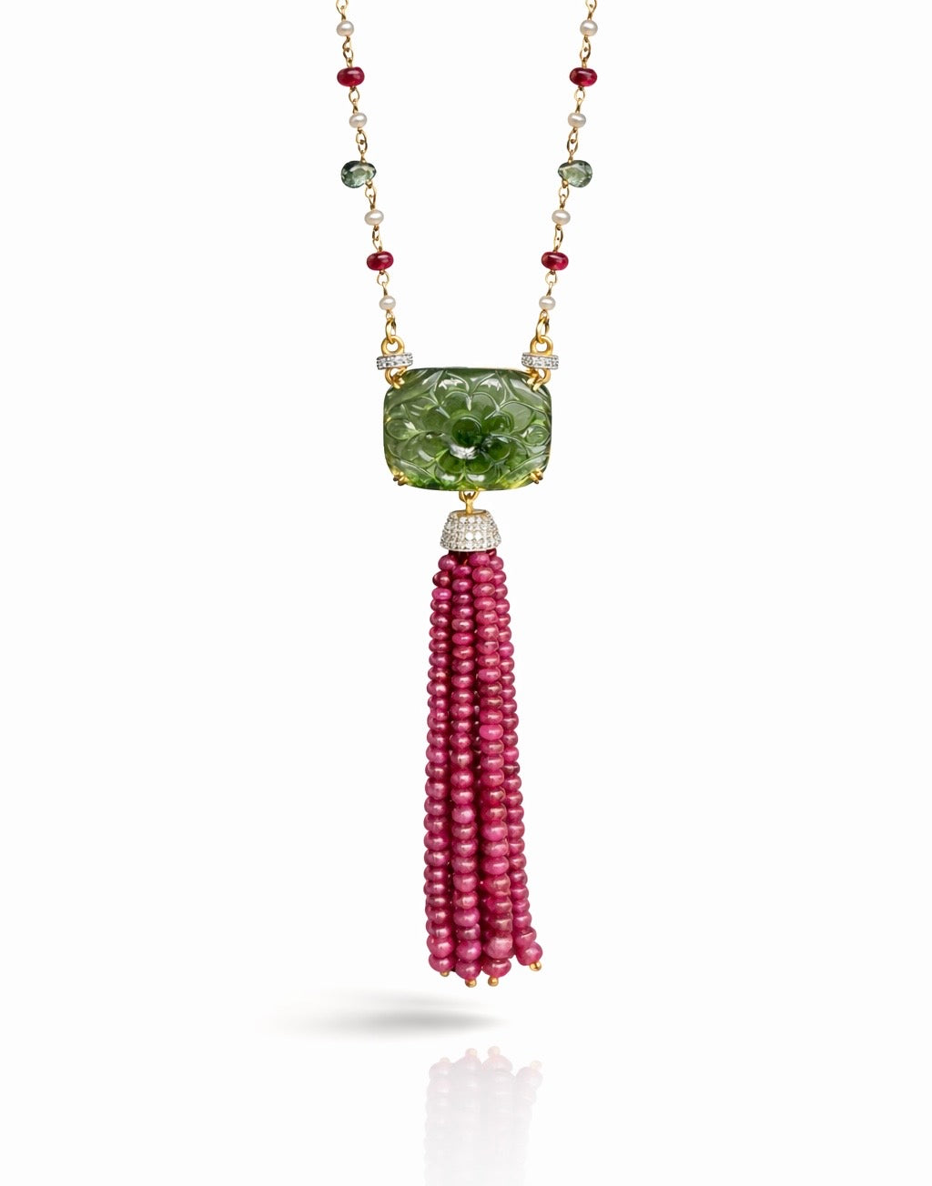 14K Gold Ruby, Sapphire, & Diamond Beaded Tassel Necklace