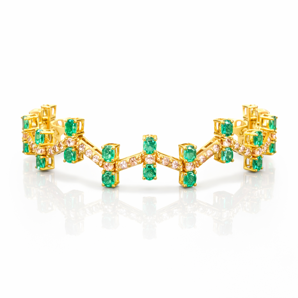 14K Gold Emerald & Diamond Zig Zag Bracelet