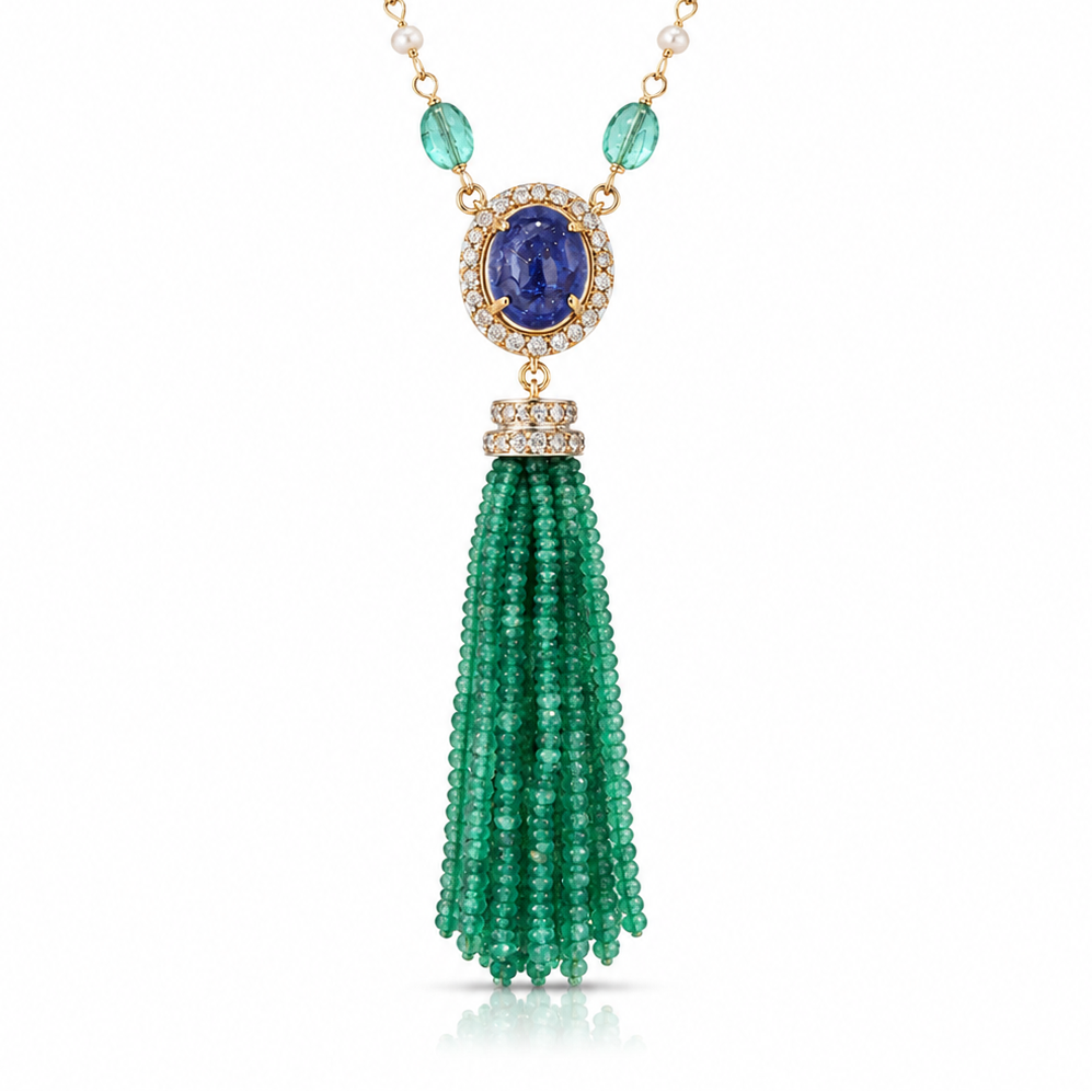 14K Gold Tanzanite, Emerald & Diamond Beaded Tassel Necklace