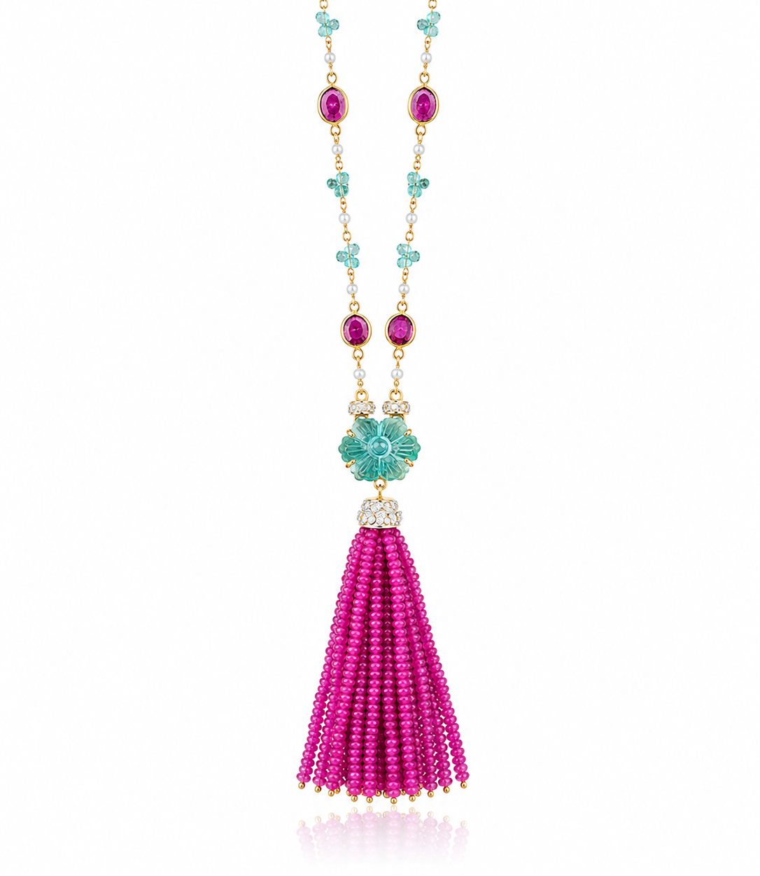 14K Gold Emerald, Ruby, & Diamond Beaded Tassel Necklace