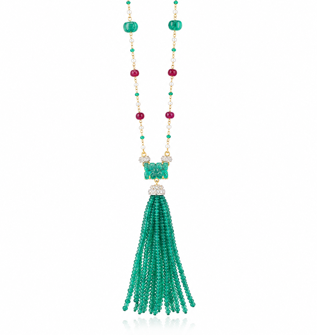 14K Gold Emerald, Ruby, & Diamond Beaded Tassel Necklace