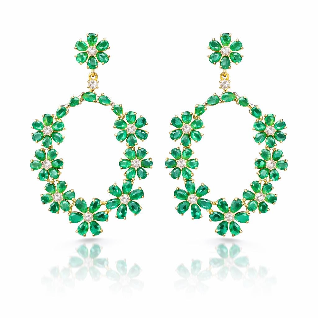 14K Gold Emerald & Diamond Floral Earrings