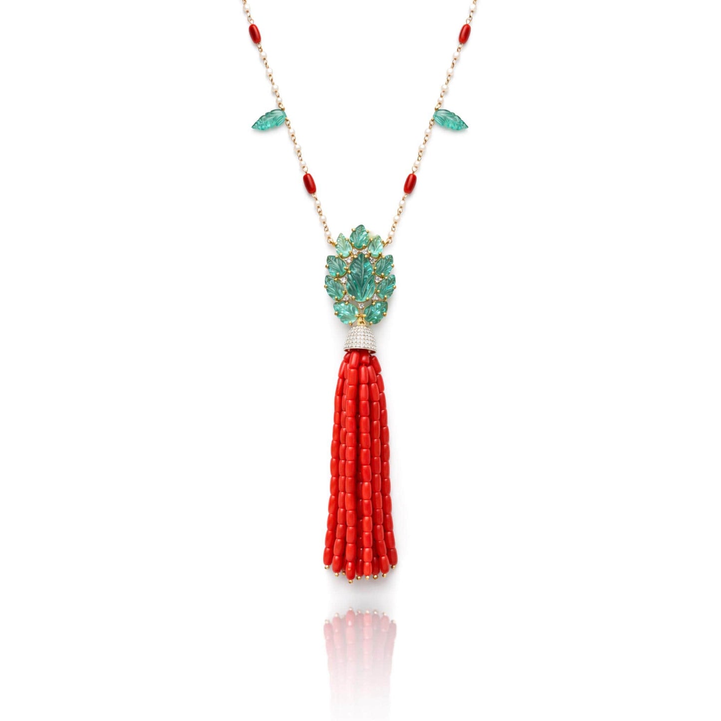 14K Gold Coral, Emerald, & Diamond Beaded Tassel Necklace