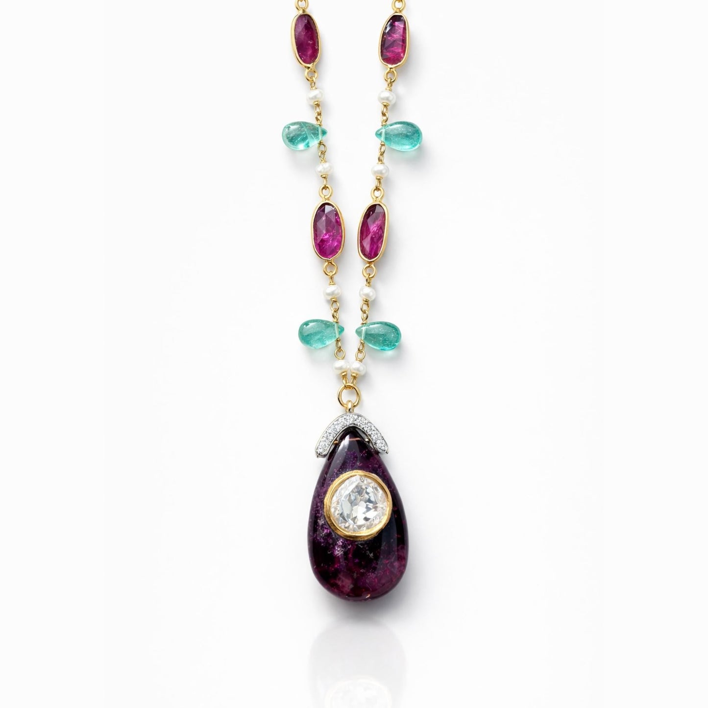 24K Gold Ruby, Emerald, & Diamond Necklace