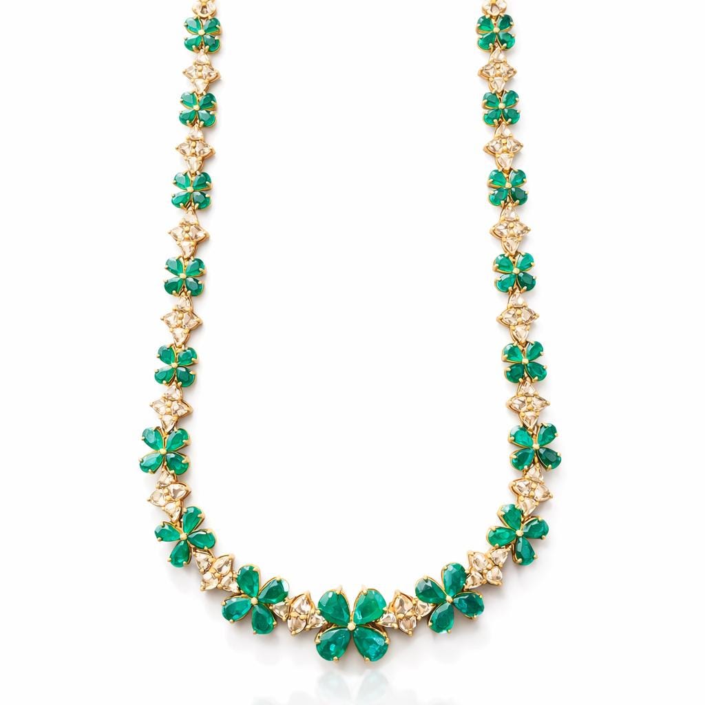 14K Gold Emerald & Diamond Floral Necklace