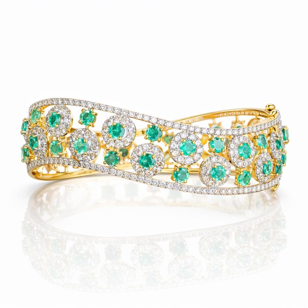 14K Gold Emerald & Diamond Bangle Bracelet