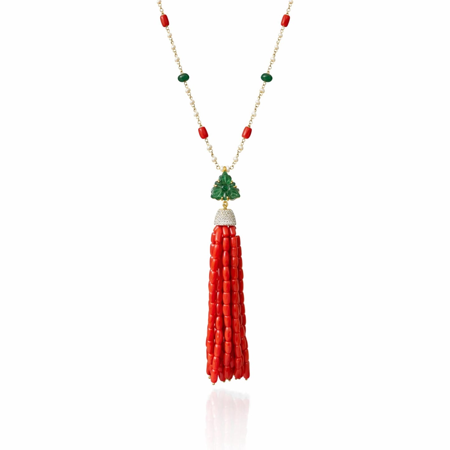 14K Gold Coral, Emerald, & Diamond Beaded Tassel Necklace