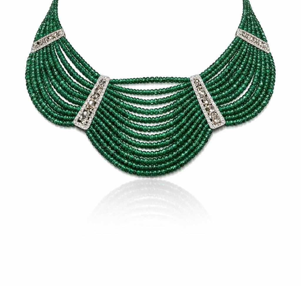 14K Gold Emerald & Diamond Beaded Necklace