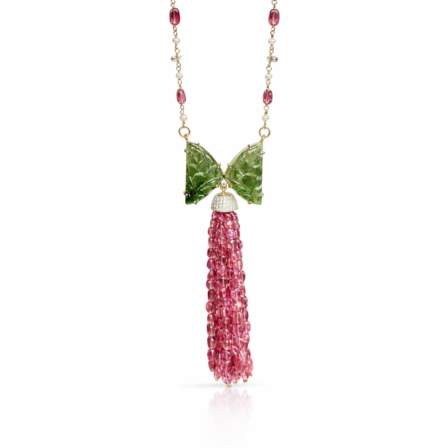 14K Gold Tourmaline, Sapphire, & Diamond Beaded Tassel Necklace