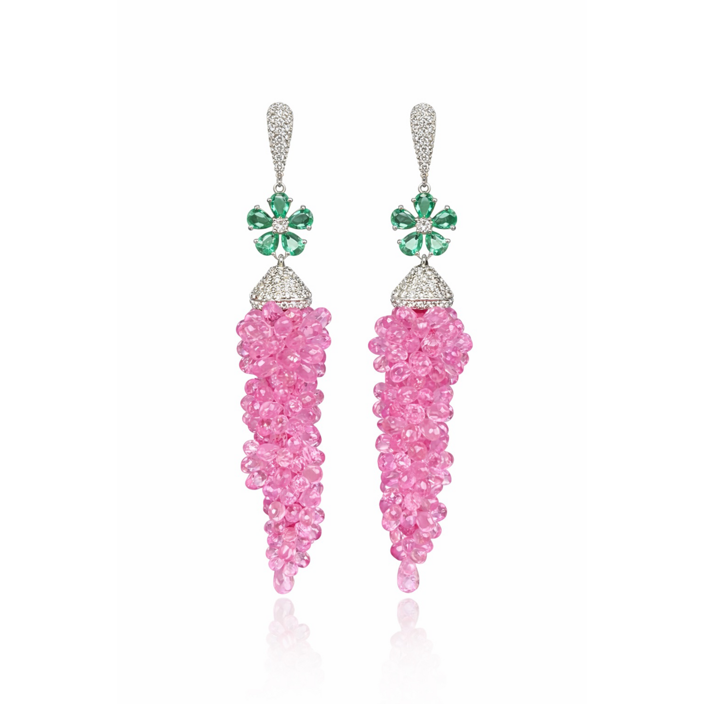 14K Gold Pink Sapphire, Emerald, & Diamond Beaded Briolette Earrings