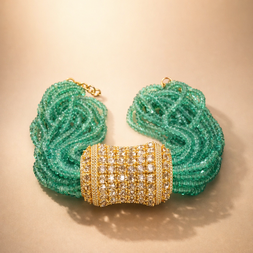 14K Gold Emerald & Diamond Beaded Bracelet
