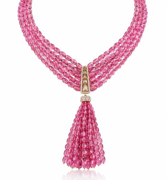 14K Gold Pink Tourmaline & Diamond Beaded Tassel Necklace