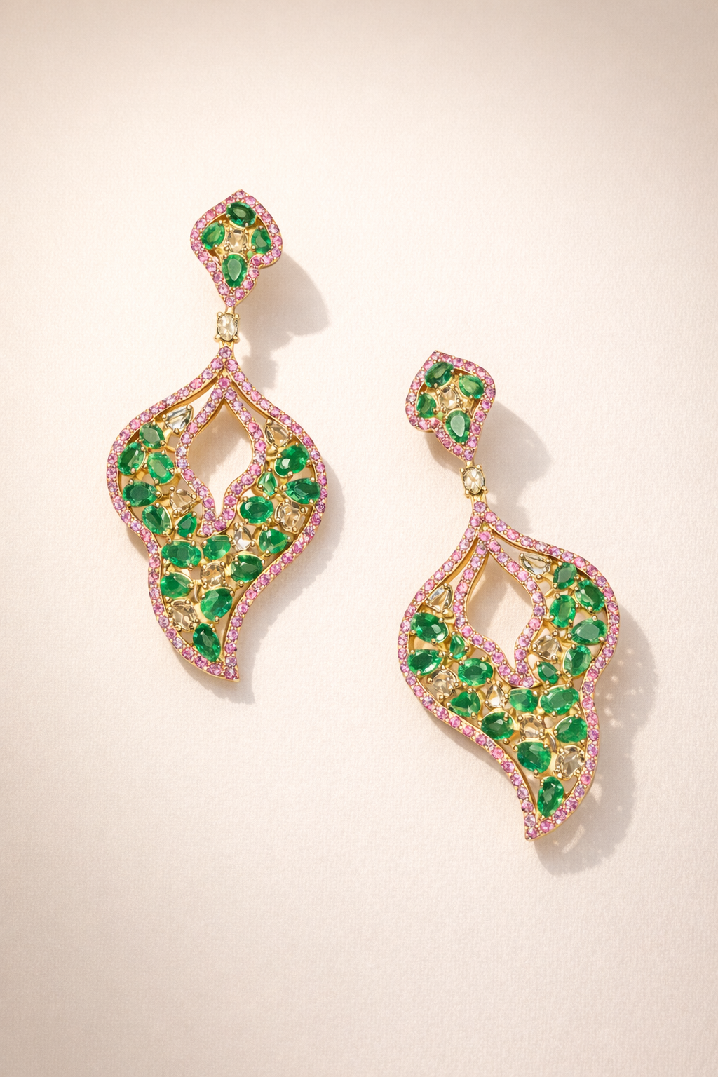 14K Gold Emerald, Pink Sapphire, & Diamond Leaf Earrings