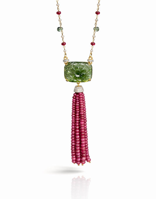 14K Gold Ruby, Sapphire, & Diamond Beaded Tassel Necklace