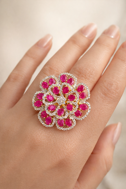 14K Gold Ruby & Diamond Flower Ring