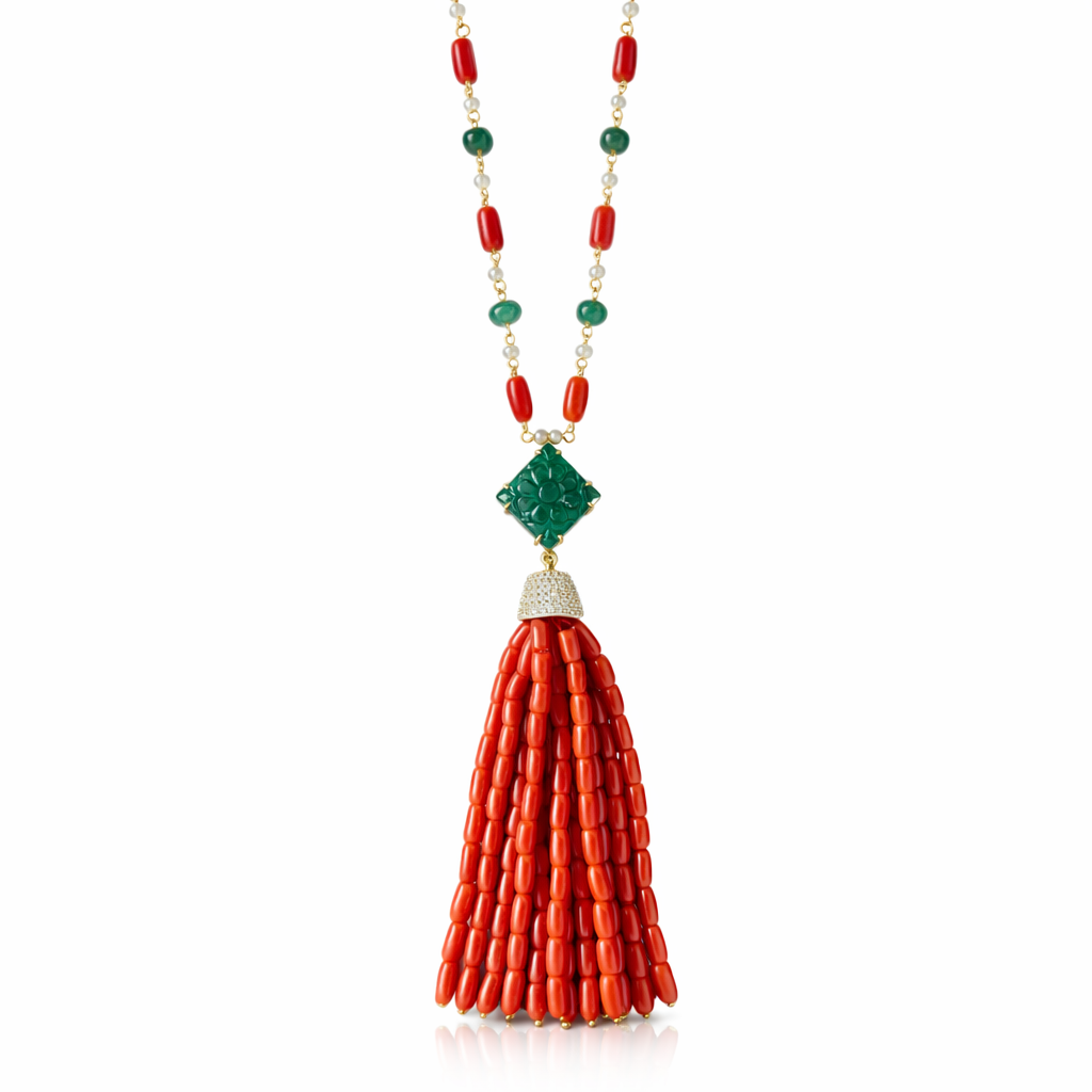 14K Gold Coral, Emerald, & Diamond Beaded Tassel Necklace