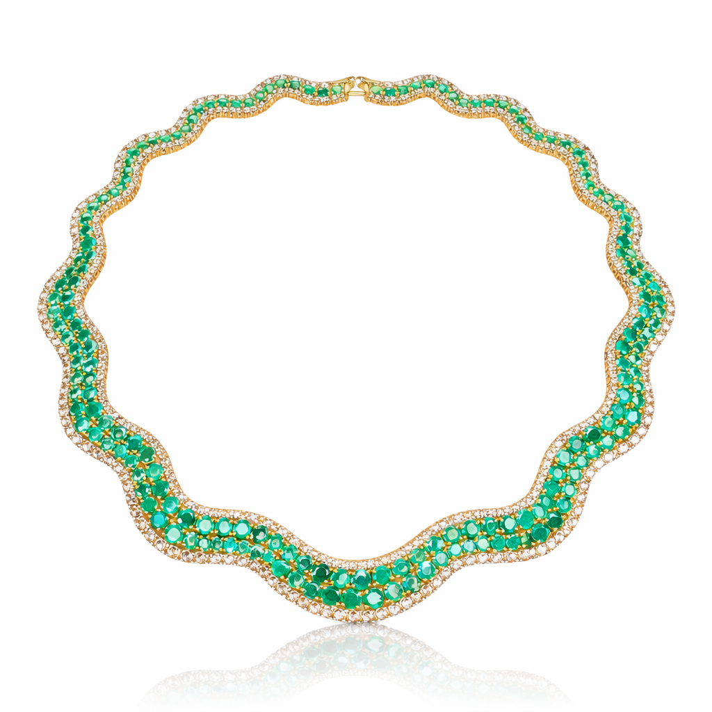 14K Gold Emerald & Diamond Wave Necklace