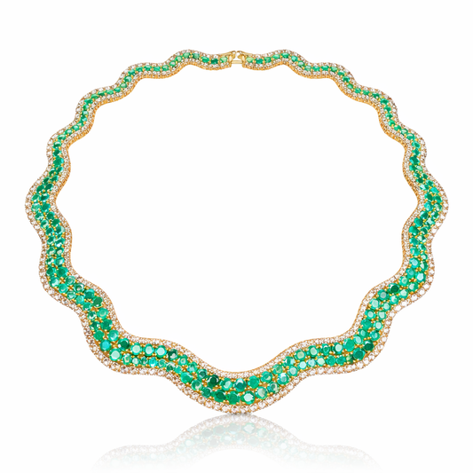 14K Gold Emerald & Diamond Wave Necklace