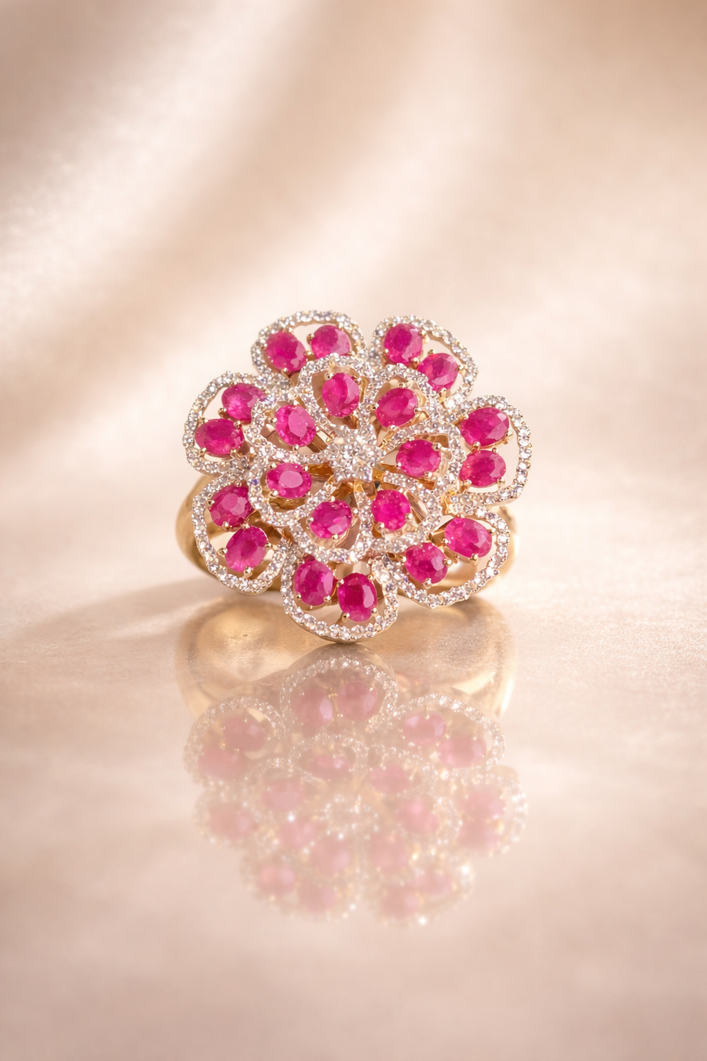 14K Gold Ruby & Diamond Flower Ring