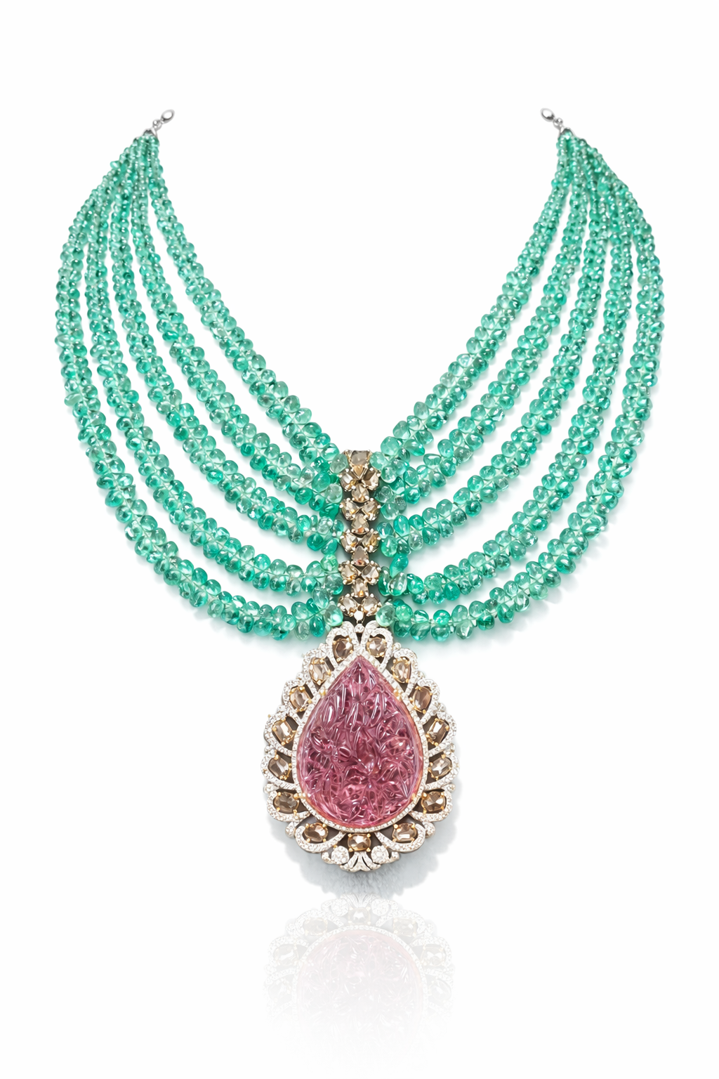 14K Gold Colombian Emerald, Pink Tourmaline, & Diamond Beaded Necklace