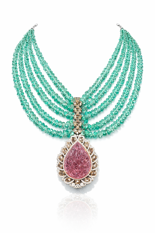 14K Gold Colombian Emerald, Pink Tourmaline, & Diamond Beaded Necklace