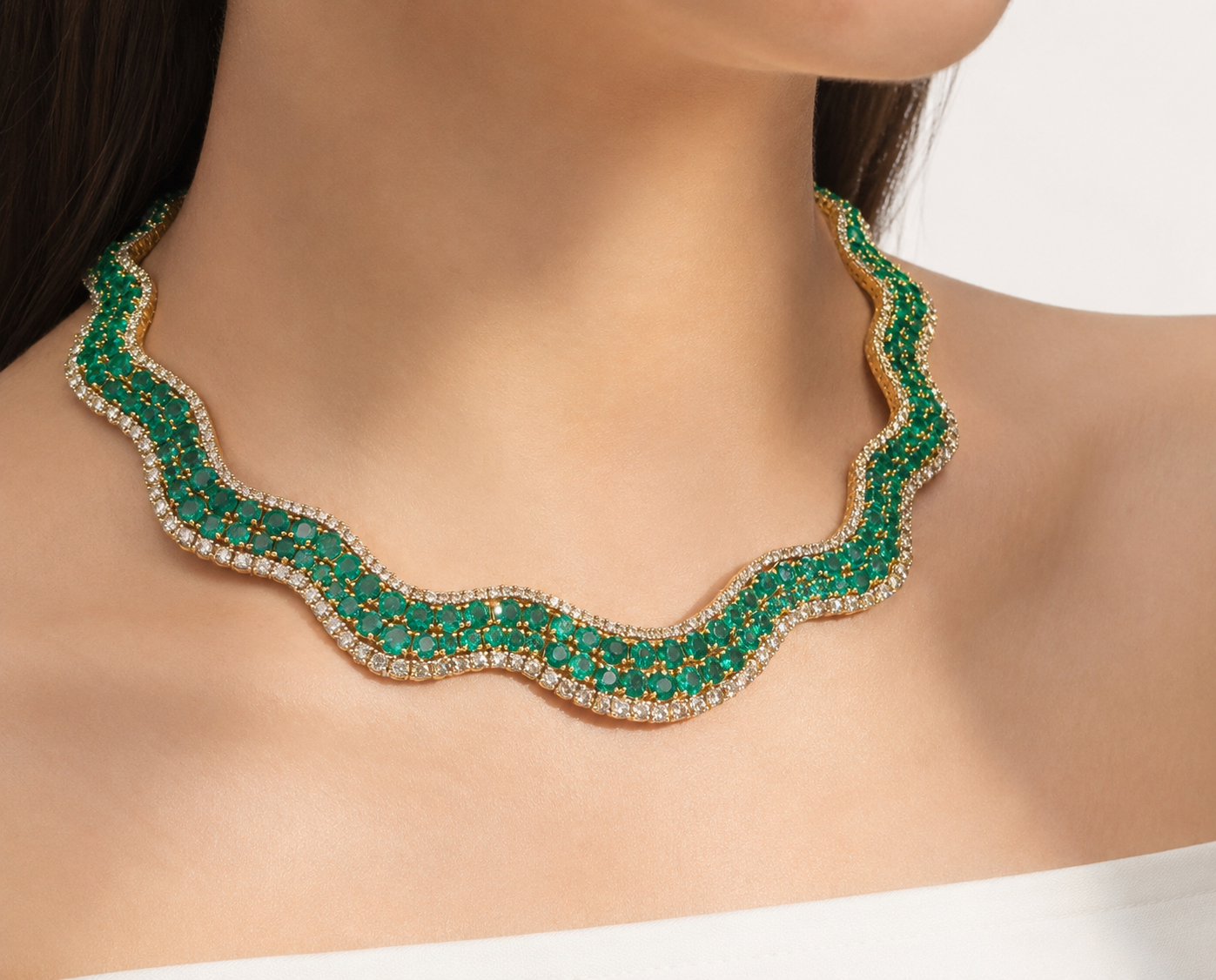 14K Gold Emerald & Diamond Wave Necklace