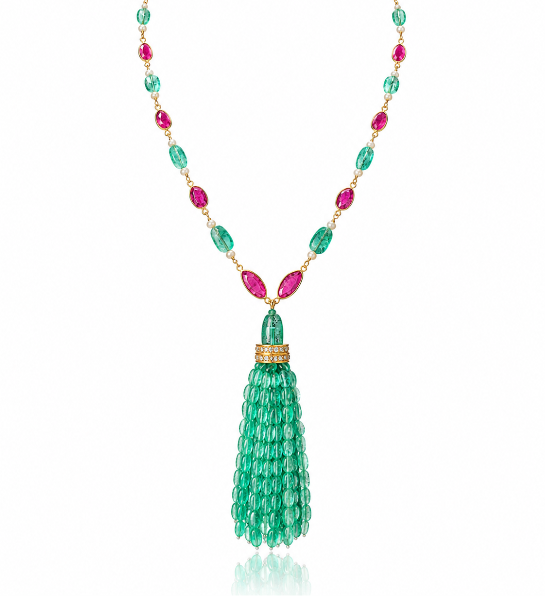14K Gold Ruby, Emerald, & Diamond Beaded Tassel Necklace