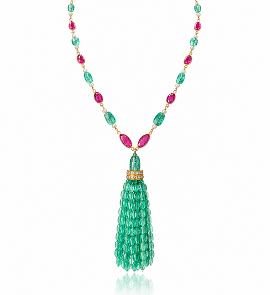 14K Gold Ruby, Emerald, & Diamond Beaded Tassel Necklace