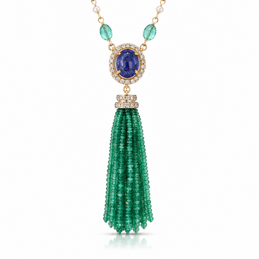 14K Gold Tanzanite, Emerald & Diamond Beaded Tassel Necklace