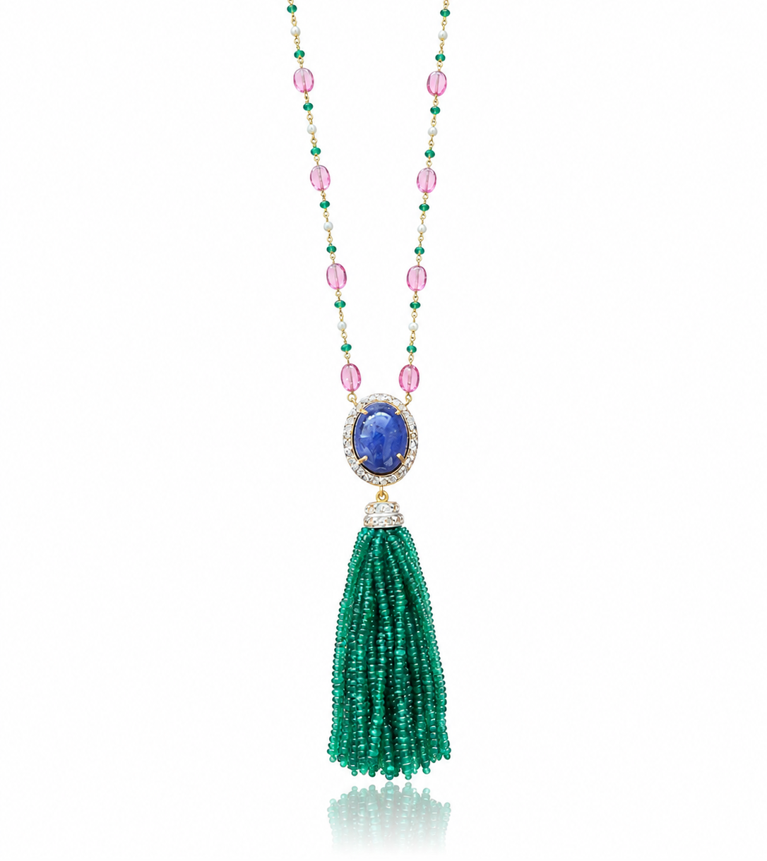 14K Gold Emerald, Tanzanite, & Diamond Beaded Tassel Necklace