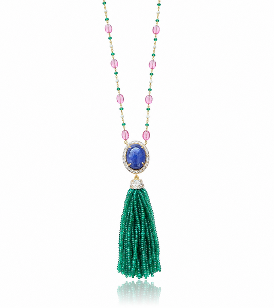 14K Gold Emerald, Tanzanite, & Diamond Beaded Tassel Necklace