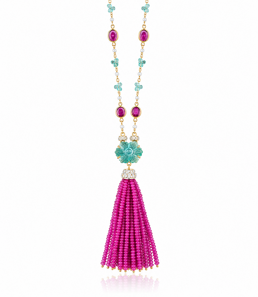 14K Gold Emerald, Ruby, & Diamond Beaded Tassel Necklace