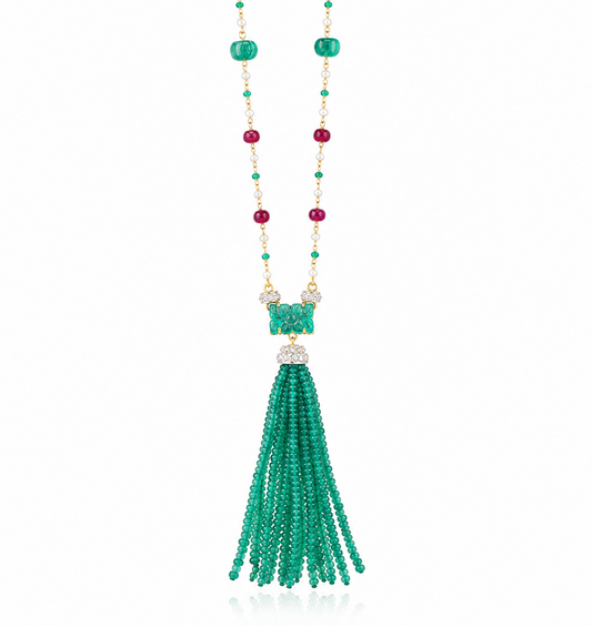 14K Gold Emerald, Ruby, & Diamond Beaded Tassel Necklace