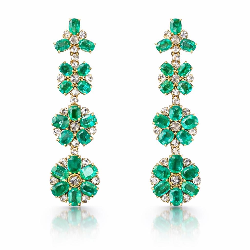 14K Gold Emerald & Diamond Floral Earrings