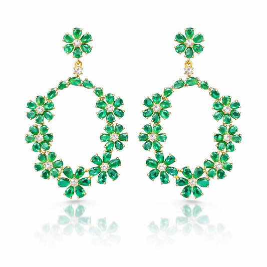 14K Gold Emerald & Diamond Floral Earrings