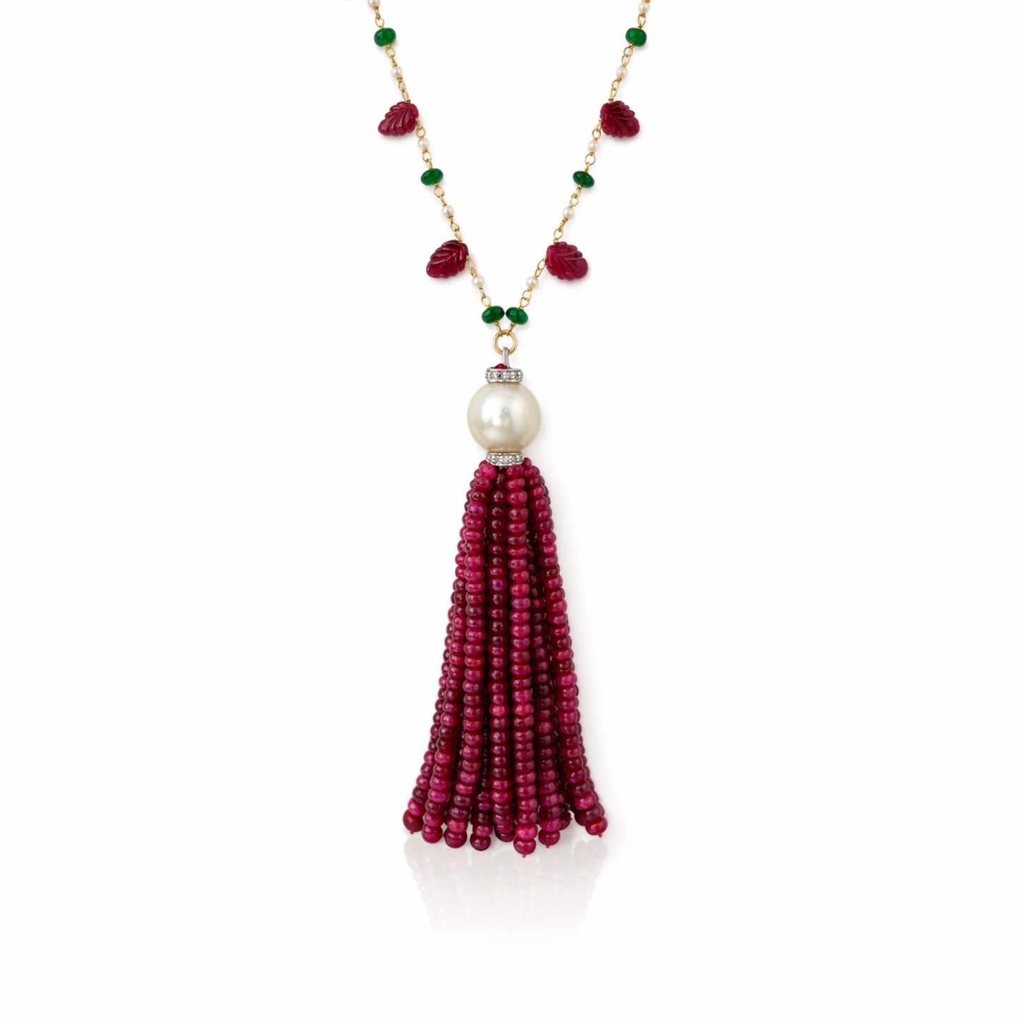14K Gold Ruby, Emerald, Pearl, & Diamond Beaded Tassel Necklace