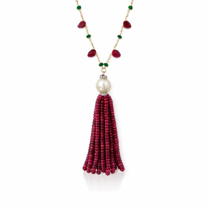 14K Gold Ruby, Emerald, Pearl, & Diamond Beaded Tassel Necklace