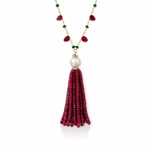 14K Gold Ruby, Emerald, Pearl, & Diamond Beaded Tassel Necklace