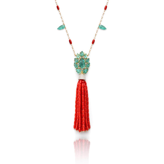 14K Gold Coral, Emerald, & Diamond Beaded Tassel Necklace