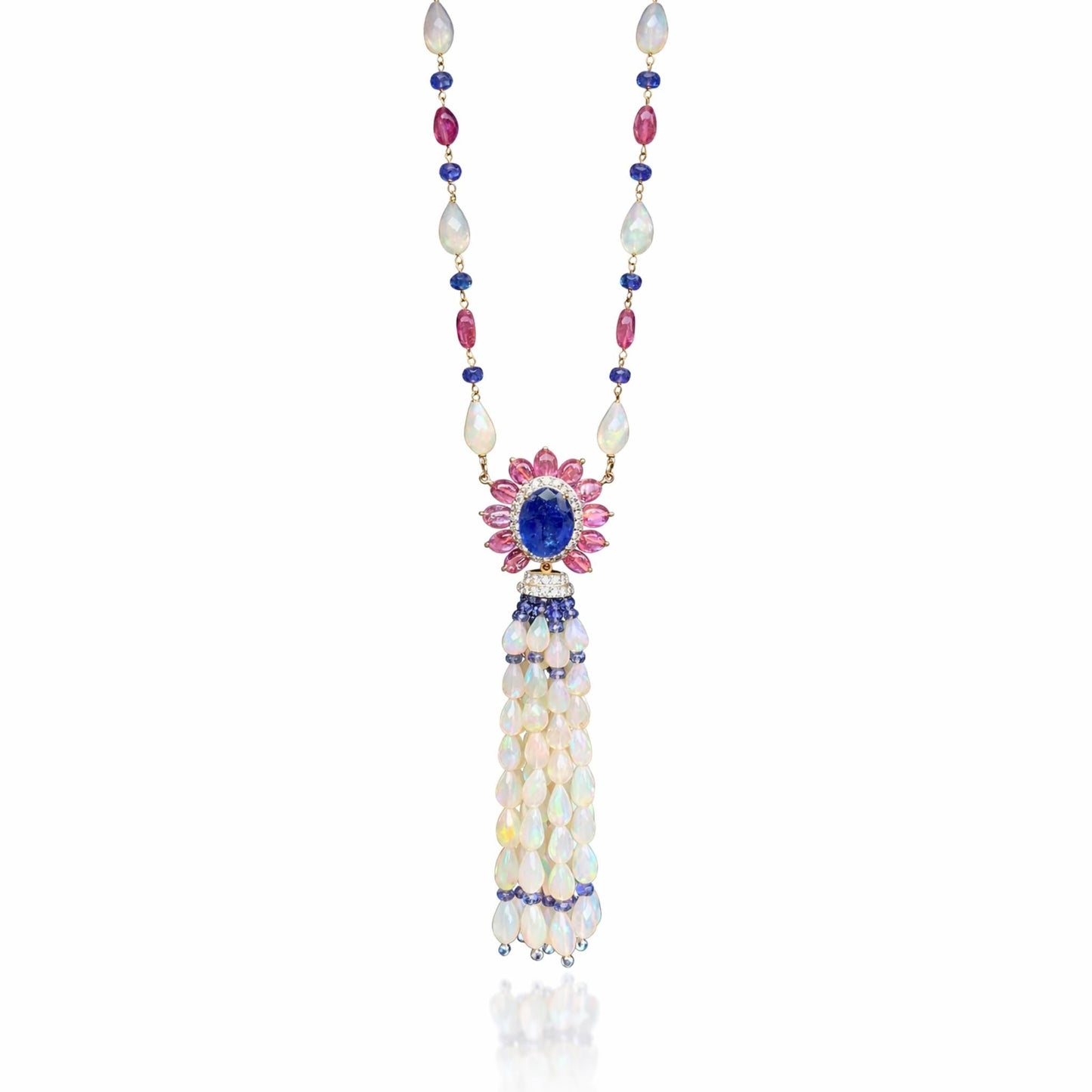 14K Gold Opal, Tanzanite, Tourmaline, & Diamond Beaded Tassel Necklace