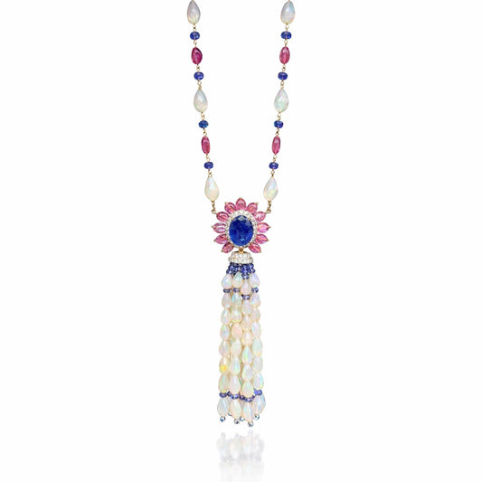 14K Gold Opal, Tanzanite, Tourmaline, & Diamond Beaded Tassel Necklace
