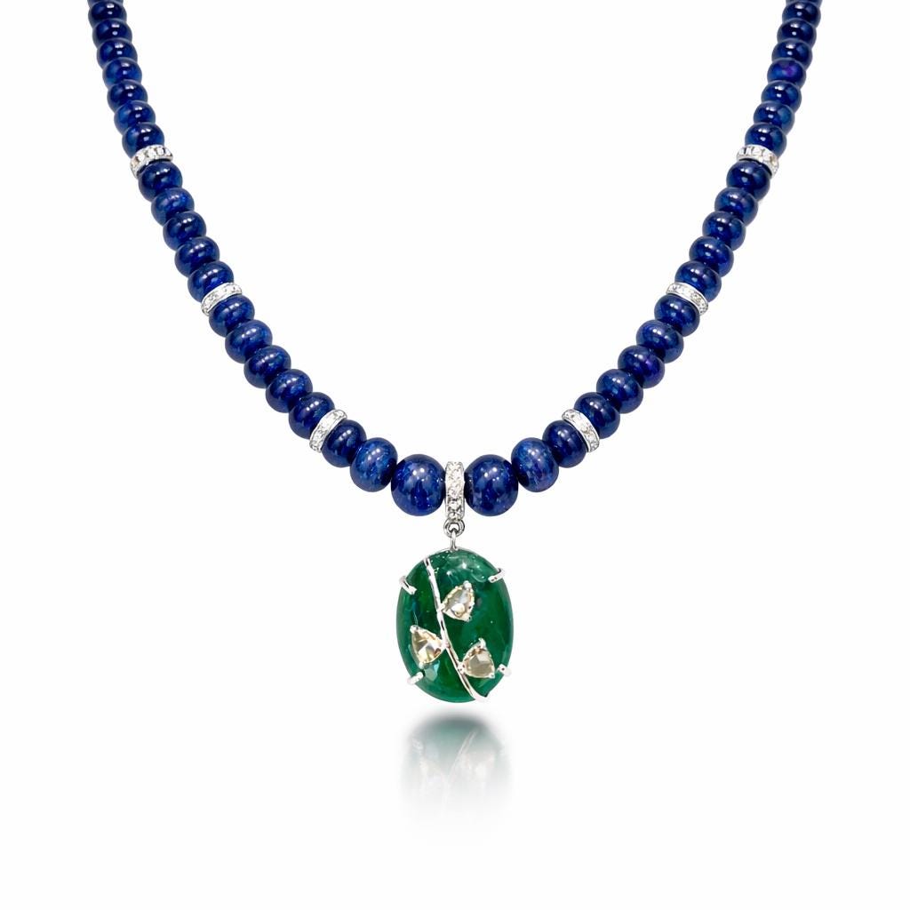 14K Gold Blue Sapphire, Emerald, & Diamond Beaded Necklace