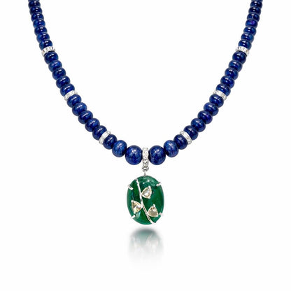 14K Gold Blue Sapphire, Emerald, & Diamond Beaded Necklace