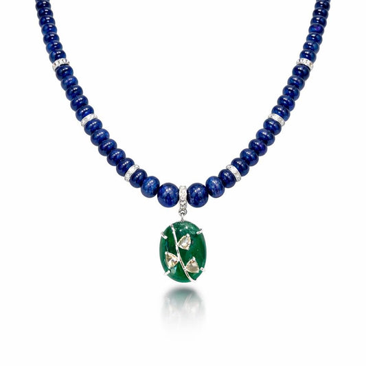 14K Gold Blue Sapphire, Emerald, & Diamond Beaded Necklace