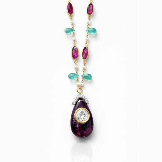 24K Gold Ruby, Emerald, & Diamond Necklace