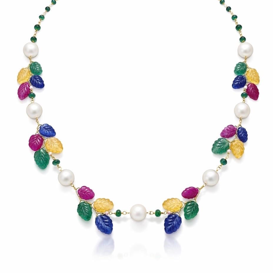 14K Gold Pearl, Ruby, Emerald, & Sapphire Beaded Leaf Necklace