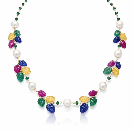 14K Gold Pearl, Ruby, Emerald, & Sapphire Beaded Leaf Necklace