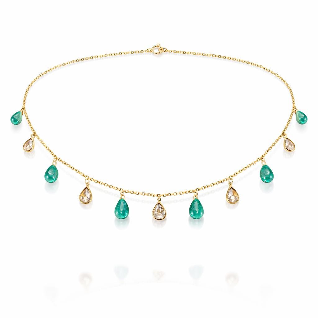 14K Gold Colombian Emerald & Rose Cut Diamond Necklace