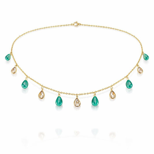 14K Gold Colombian Emerald & Rose Cut Diamond Necklace